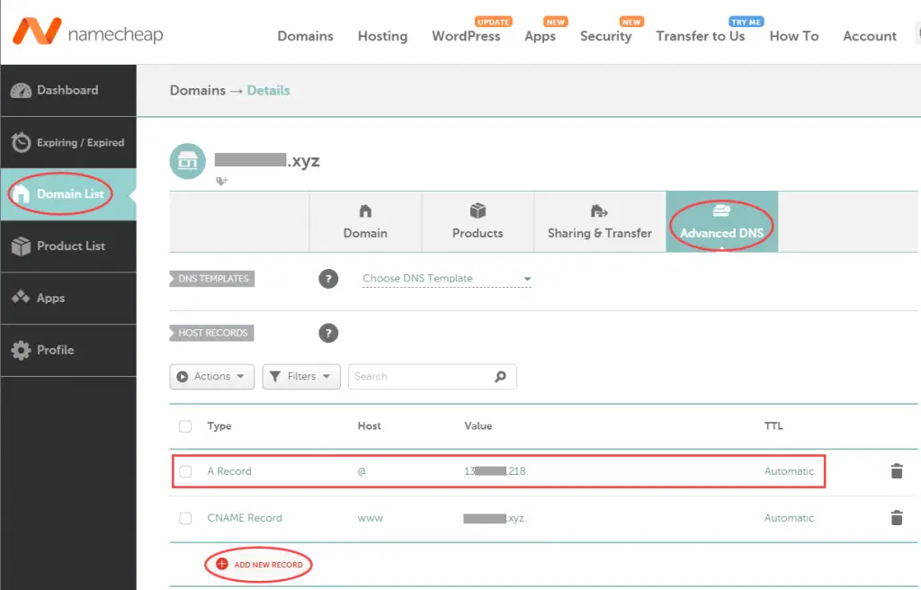 Namecheap domain add A record